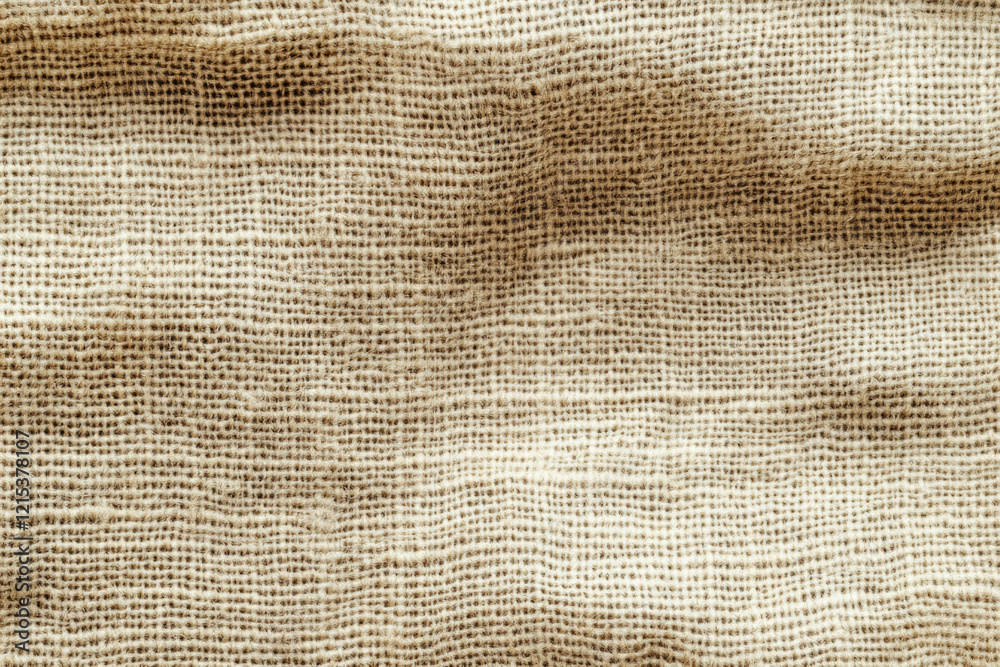 Aufkleber close-up view of beige burlap fabric, showing texture and weave.