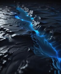 Dark liquid with glowing blue undertones and subtle ripples , ethereal atmosphere, ambient glow, glowing substance