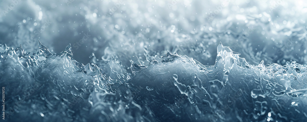 Poster water flowing rapidly and starting to freeze, forming ice structures with a beautiful blur effect