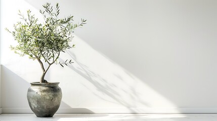 Beautiful young potted olive tree near white wall indoors