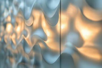 Abstract image of a textured, light-filtering wall with undulating, wave-like patterns illuminated...