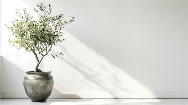 Beautiful young potted olive tree near white wall indoors