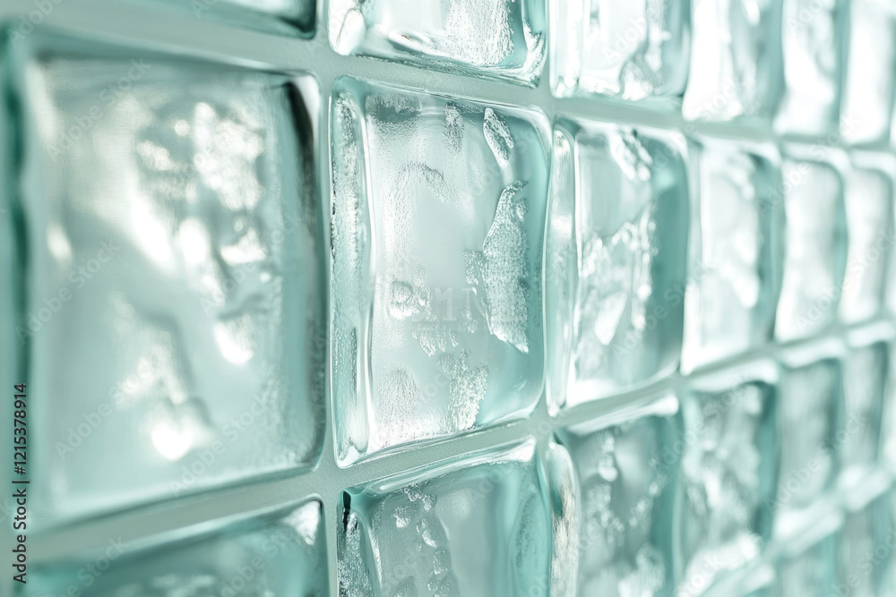 Poster close-up of a textured glass block wall, showcasing its translucent, light-aqua color and intricate 