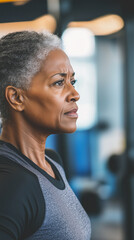 Fototapeta premium copy space, aging black woman exercising workout, fitness room in background. Elderly senior african america, black woman looking good, exercising, good health concept. Active elderly woman in fitness