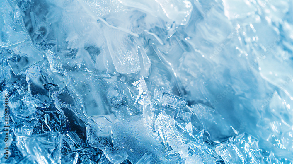 Poster close-up of intricate ice formations and patterns on a surface of blue water