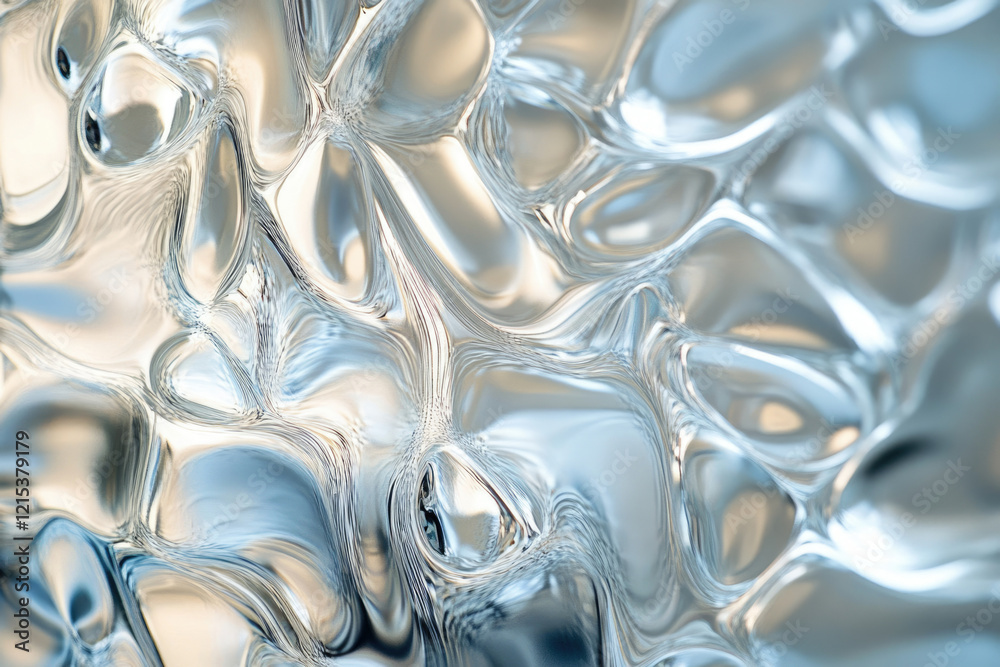 Poster abstract image of swirling, flowing, metallic liquid, reflecting light and creating a mesmerizing pa