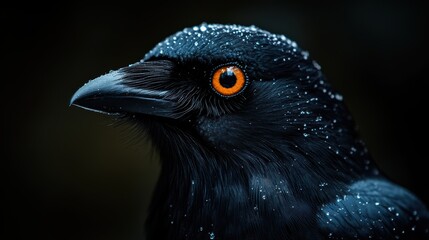 Fototapeta premium Close up portrait of a black crow with red eyes. The crow's beak is sharp and pointed