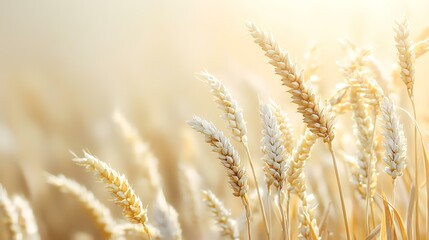 Golden wheat field at sunrise, rural landscape, agricultural harvest, summer background for food packaging