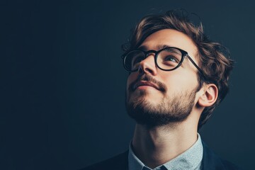 Obraz premium Thoughtful Young Man with Glasses Looking Up Against a Dark Background