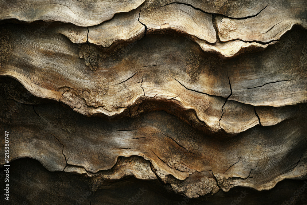 Poster wavy, aged wood texture with deep cracks and crevices, showing layers of time and weathering.