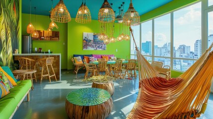 A vibrant Rio apartment with lime green walls and sky-blue ceilings