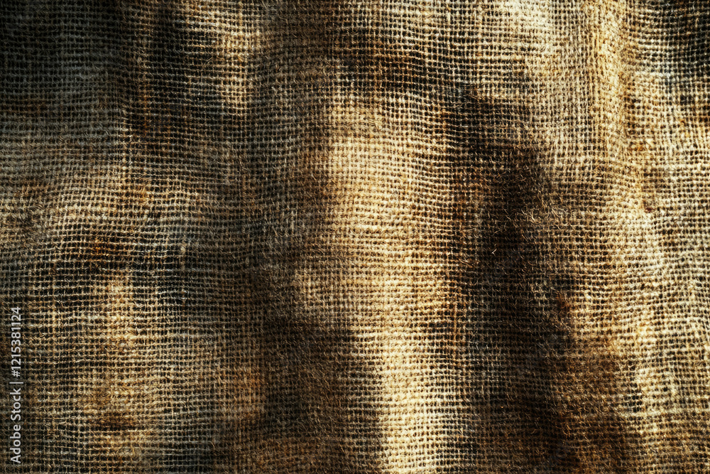 Fototapete Close-up view of textured burlap fabric, showing its woven pattern and variations in color and lighting.