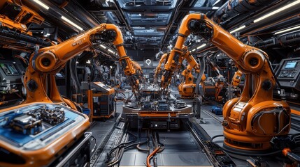 Automated factory robots assemble parts on futuristic assembly line
