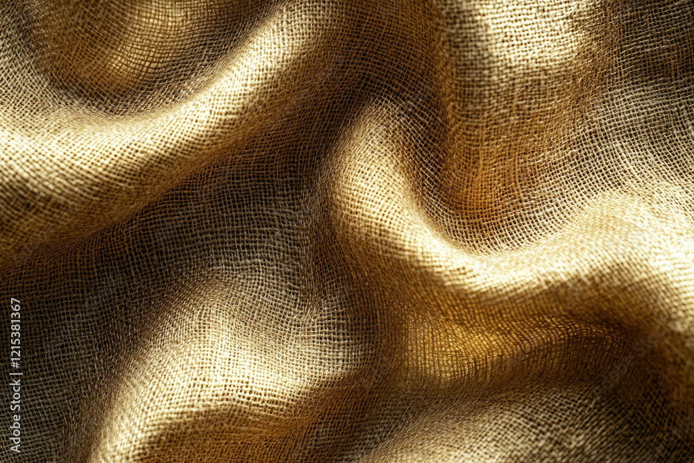 Poster Close-up of textured, golden burlap fabric with wrinkles and folds, showing its coarse weave.