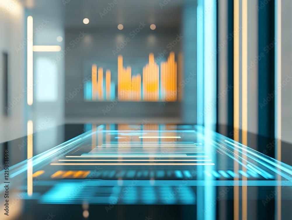 Poster a modern office space featuring advanced technology with glowing data visualizations on a sleek surf