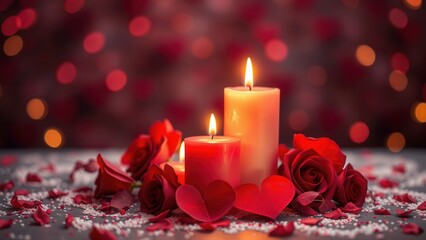 Romantic background with candles and rose petals.
