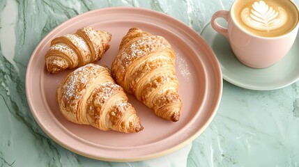  kuchnia, flat lay, pastelowe kolory, różowy, miętowy, marmur, croissanty, cappuccino, latte art, śniadanie, jedzenie, harmonia, styl skandynawski, neutralne kolory, elegancja, prostota, inspiracja, ś
