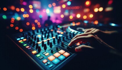 DJ mixing console, colorful bokeh lights, nightclub atmosphere, close-up of hands, audio equipment, electronic music, vibrant colors, neon glow, musical performance, party ambiance, professional audio