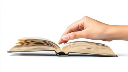 Obraz premium Hand Gently Touching Open Book Pages Isolated on White Background