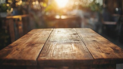 Rustic wooden table, outdoor cafe, sunset, bokeh, product display