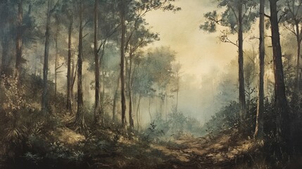 Obraz premium Misty Forest Path: A Serene Dawn in the Woods