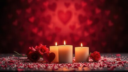 Romantic background with candles and rose petals.