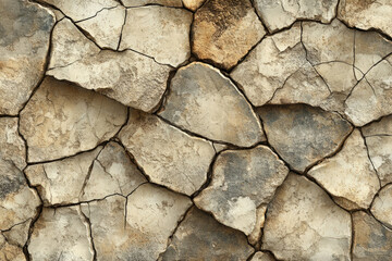 Obraz premium Cracked stone wall texture, beige and grey tones, irregular shapes, rough surface.