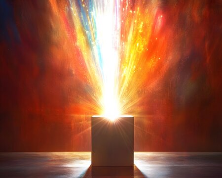 A vibrant explosion of colors emanates from a central cube, creating an energetic and dynamic visual