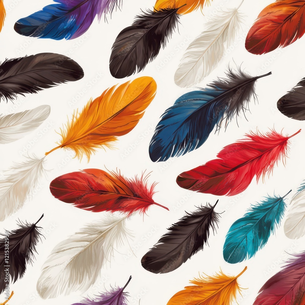Poster dynamic display of colorful stylized feathers in a rhythmic pattern digital art abstract design vibr