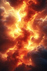 Fiery, swirling clouds fill the sky.