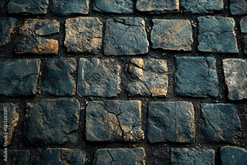 Poster A close-up view of a dark, aged cobblestone pavement, showing texture and wear.