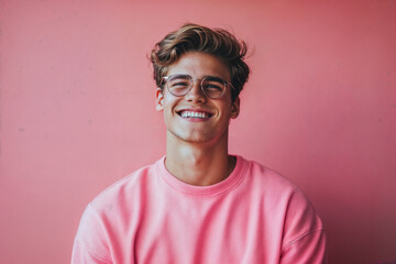 Fototapeta premium The image features a person wearing a bright pink sweatshirt, with a pink background that matches the shirt