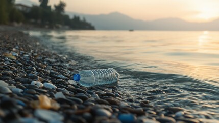 Waste Bottle on Shoreline at Sunrise with Soft Light