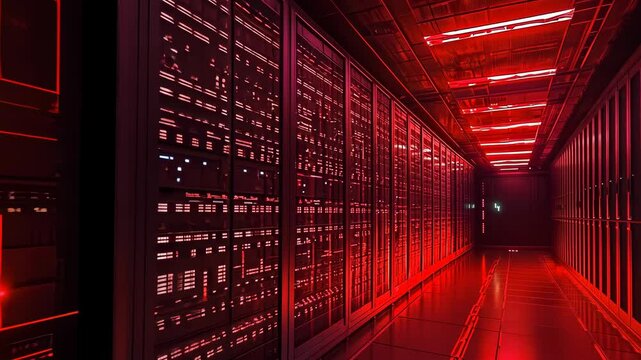 chilling cybernetic skull looms red-hued corridor digital environment,projecting essence security threats.Emblematic cyber danger.Ominous futuristic setting intensifying threat atmosphere.Hallway