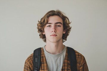 Obraz premium Casual Portrait of a Young Man with Backpack Against a Neutral Background