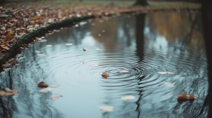 Fototapeta premium Ripples form around fallen leaves on a tranquil pond, reflecting bare trees above and capturing the peaceful essence of autumn.