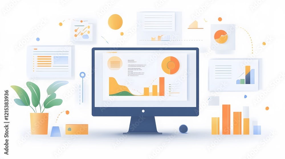 Poster modern desktop computer displaying data analytics and graphics, surrounded by charts, a plant, and v