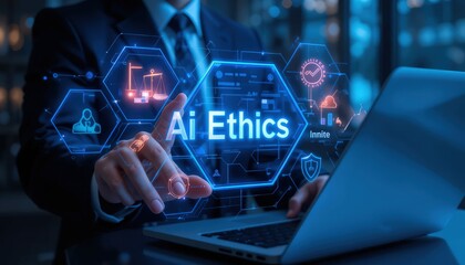 AI ethics or AI law concept. Businessman with ai ethics icon on virtual screen for compliance, regulation, standard , business policy and responsibility.