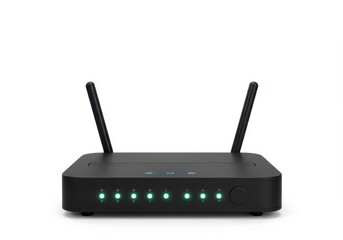 A 3D model of a black Wi-Fi router with two antennas isolated on white background