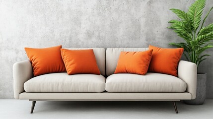 Modern Living Room Interior Design with Beige Sofa and Orange Cushions