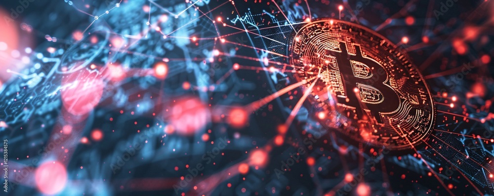 Poster bitcoin cryptocurrency coin is spinning over a background of red and blue digital stock charts