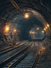 Fototapeta premium Photorealistic 4K Underground Wide Tunnel Railway - Dark, mysterious, deep underground railway tunnel, lit by artificial lights, showcasing infrastructure and industrial construction. Symbolizes journ
