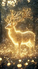 majestic golden stag with antlers glowing like rays of sunlight. Its shimmering coat reflects the soft hues of dawn, and its every step brings small glowing flowers to life