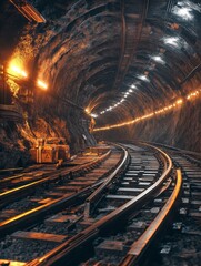 Fototapeta premium Photorealistic 4K Underground Rail Tunnel - A photorealistic 4k image depicts a wide underground railway tunnel, showcasing the intricate track system, rocky walls, and ambient lighting. It symbolize