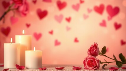 Romantic background with candles and rose petals.