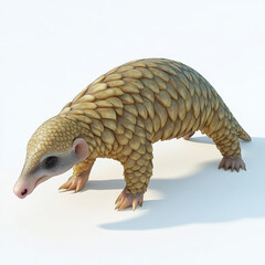 Scaly pangolin, pale yellow-brown, walking on white background.