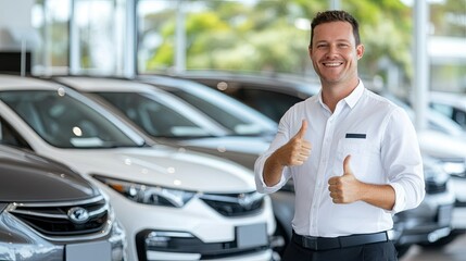 Car sales representative showcasing customer satisfaction in a dealership filled with vehicles during daytime