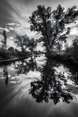 Serene Landscape: A Tranquil River and Reflective Trees in a Black and White Photograph