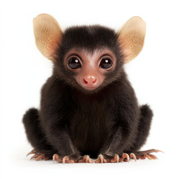 Adorable baby aye-aye primate, large ears, big eyes.
