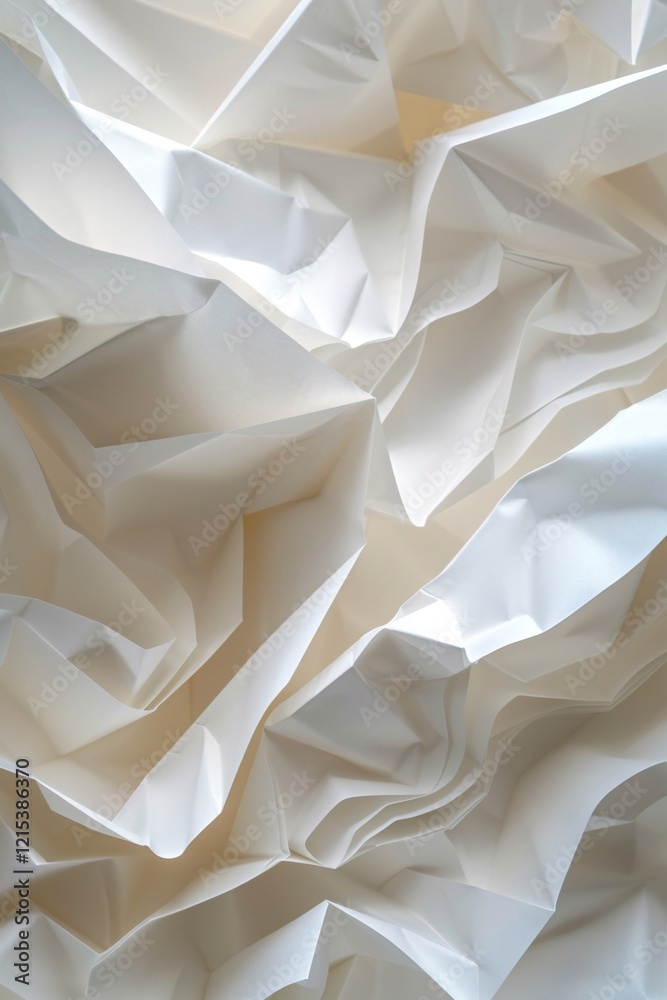 Poster Crumpled white paper creates textured background with random shapes and shadows